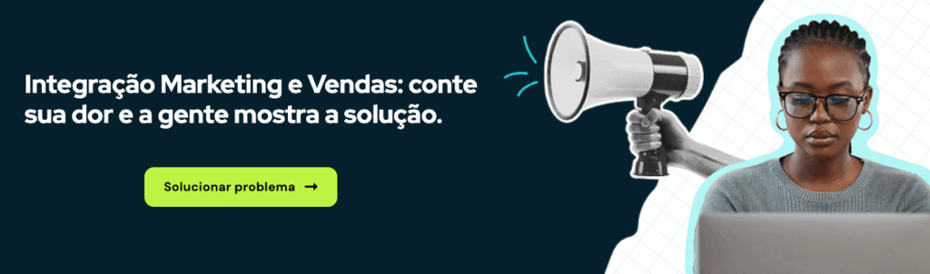 Banner de marketing e vendas, ilustrando integração entre equipes e solução de problemas.