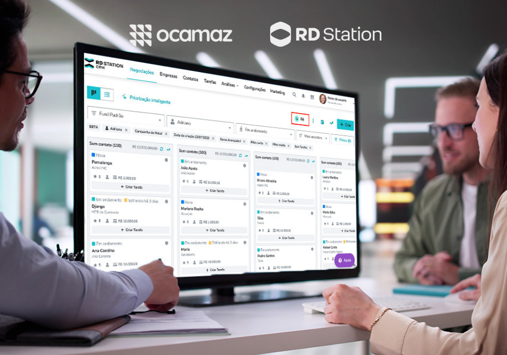 Tela do RD Station CRM sendo utilizada pela equipe da Ocamaz para gerenciar negociações e integrar estratégias de marketing e vendas.