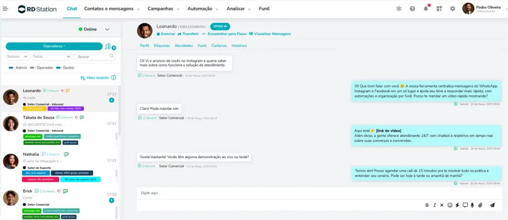Interface de atendimento do WhatsApp Business integrada a plataforma de CRM com conversas organizadas, automação e gestão de contatos em tempo real