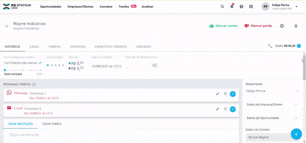 Histórico de cliente sendo acompanhado no RD Station CRM